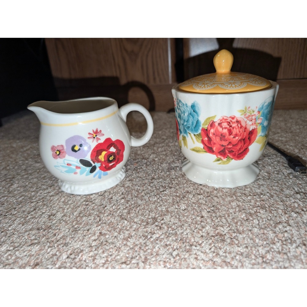 Pioneer Woman Breezy Blossom Sugar Bowl and Creamer Set Floral Stoneware
